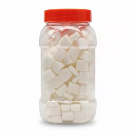 Clear jar view showing white sugar cubes inside with red lid