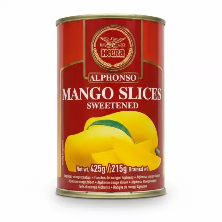 Can of Heera Alphonso sweetened mango slices front view