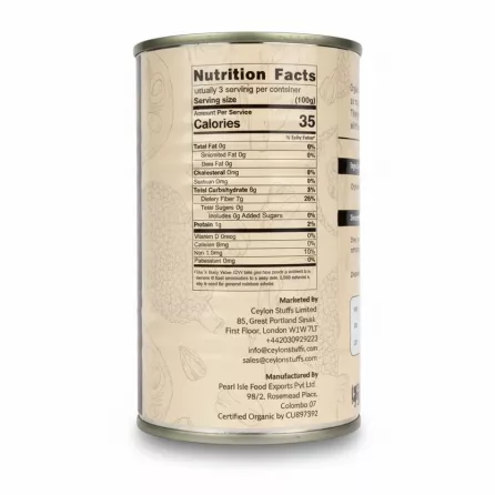 Nutrition facts label on the can of Natural Fresh Organic Young Jackfruit in Brine