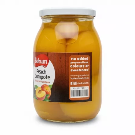 Back label of Bodrum Peach Compote jar with no added preservatives claim