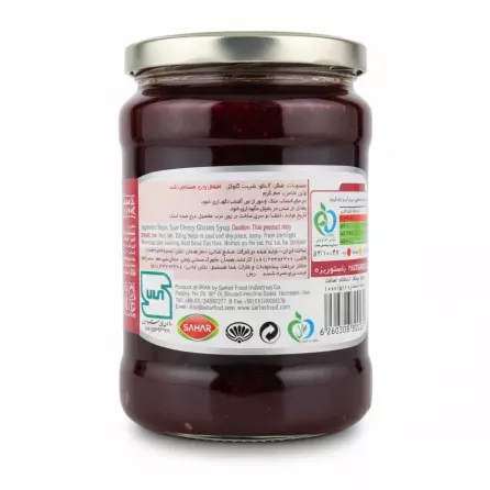 Back label of Sahar sour cherry jam with ingredients and nutritional info