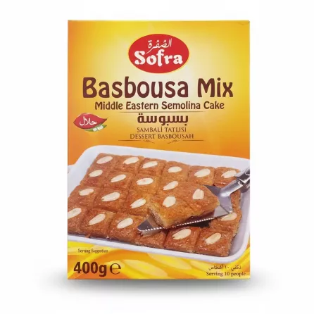 Box of Sofra Basbousa Mix with image of prepared basbousa cake