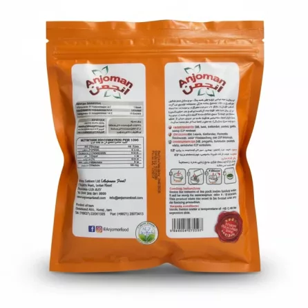 Back pack view showing ingredients, nutrition and cooking instructions of Anjoman Koukou vegetables