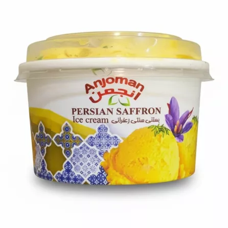 Anjoman Persian Saffron Ice Cream tub side view with ingredients and nutrition label