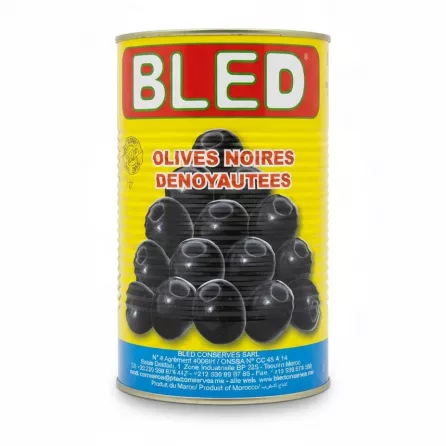 Can of Bled brand pitted black olives in brine