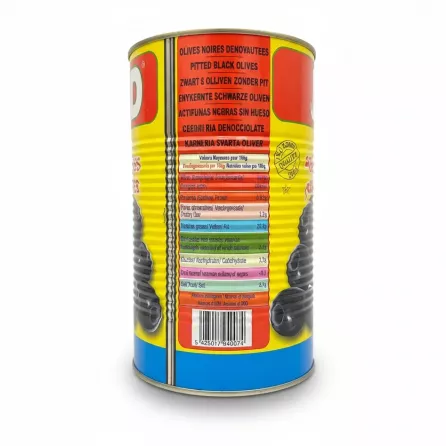 Back label of Bled olives can showing nutritional information and price sticker