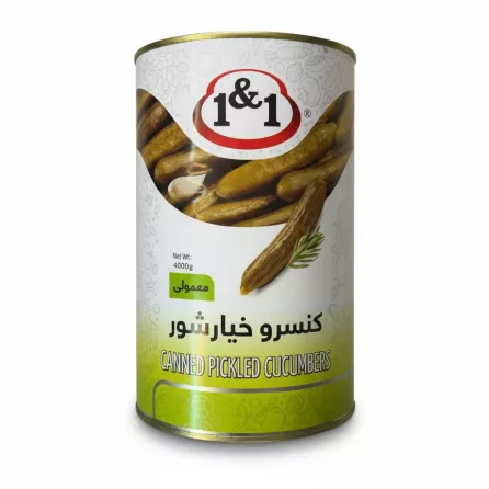 Side view of 1&1 canned pickled cucumbers showing product label