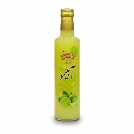Bottle of Anjoman Lime Juice with lime graphics on front label