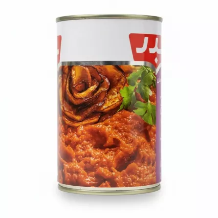 Canned eggplant dish with visible roasted eggplants and tomato sauce