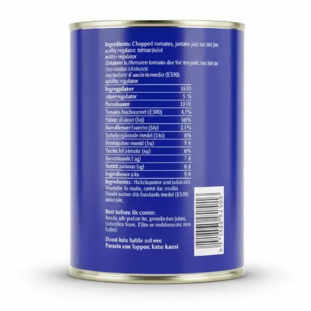 Side view of Heera chopped tomatoes can showing ingredient list