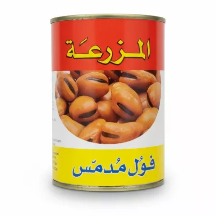 Al Mazraa canned fava beans with bright red and yellow label