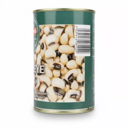 Side view of Heera black eye beans can showing barcode