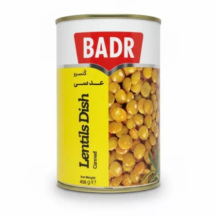 Badr brand canned lentils dish front view on a white background