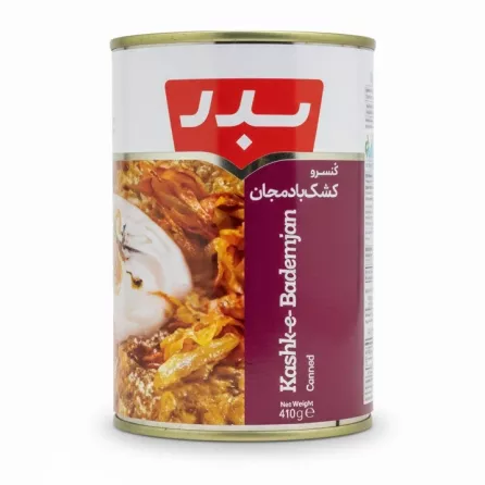 Badr brand canned Kashk-e-Bademjan eggplant dip front label