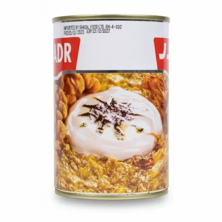 Close-up of the creamy and garnished Kashk-e-Bademjan in can