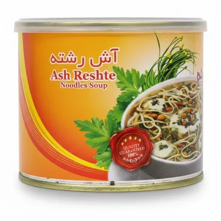 Anjoman Ash Reshte Soup can side label with name and illustration