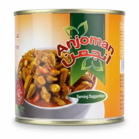 Can of Anjoman Okra Stew showing dish serving suggestion