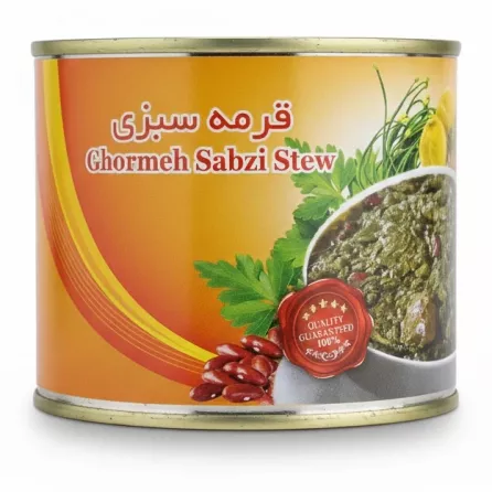 Anjoman Ghormeh Sabzi Stew canned product side with name and kidney beans image
