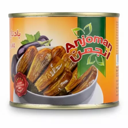 Can of Anjoman fried eggplant showing whole fried aubergine pieces