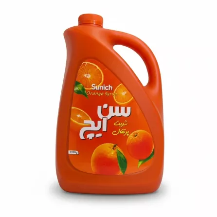 Large orange container of Sunich Orange Syrup with orange fruit images on label