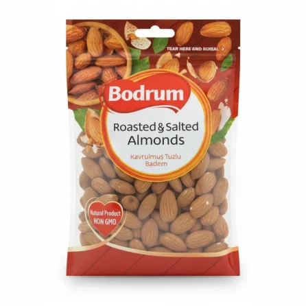 Bodrum brand roasted and salted almonds in resealable pouch front view