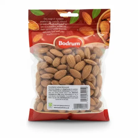 Back view of Bodrum roasted and salted almonds pack showing ingredients and nutritional information