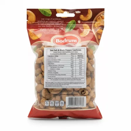 Bodrum Sea Salt & Black Pepper Cashews back packaging showing ingredients and nutrition