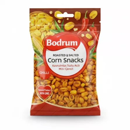 Package of Bodrum roasted and salted chilli corn snacks front view
