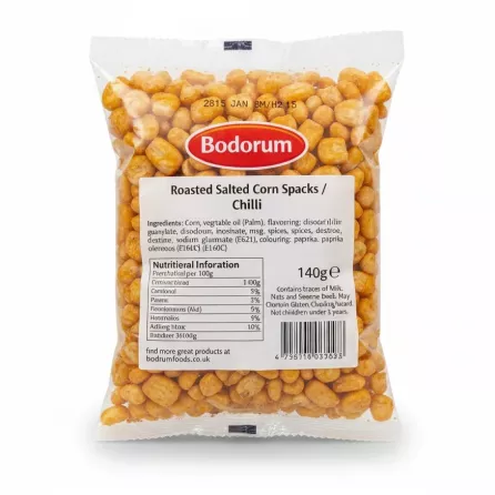 Back view of Bodrum roasted and salted chilli corn snacks with ingredients and nutritional info