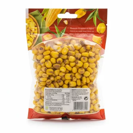 Bodrum Roasted & Salted Corn Snacks clear back packaging with nutritional information and ingredients