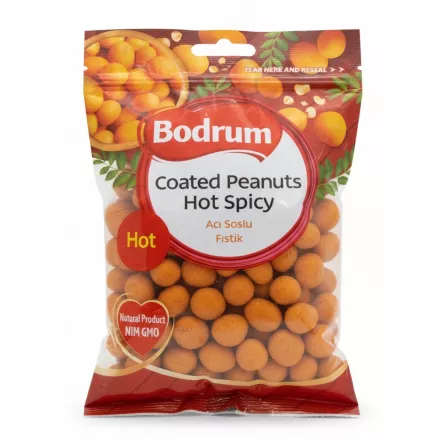 Bodrum brand bag of hot spicy coated peanuts front packaging