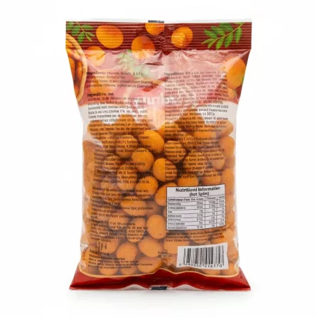 Bodrum hot spicy coated peanuts back packaging with ingredients and nutritional info