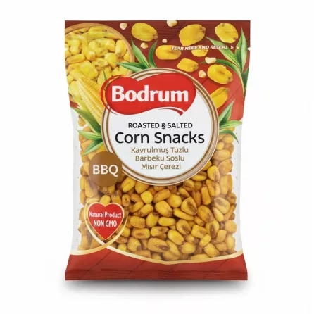 Bodrum Roasted & Salted BBQ Corn Snacks front pack showing crunchy corn kernels