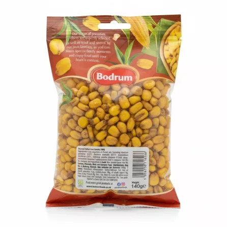 Bodrum Roasted & Salted BBQ Corn Snacks back pack with ingredients and nutritional info