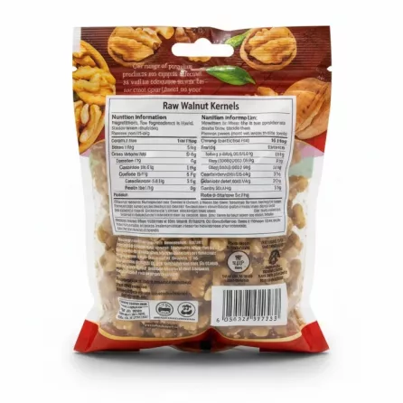 Back view showing nutrition and ingredients of Bodrum Raw Walnut Kernels