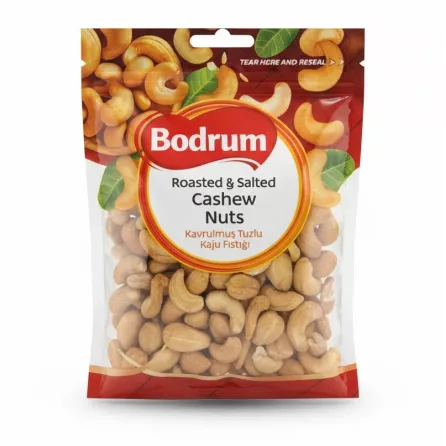 Front pack of Bodrum Roasted & Salted Cashew Nuts with visible brand and contents