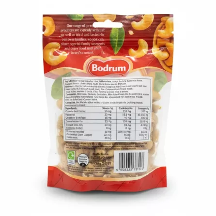 Back pack of Bodrum Roasted & Salted Cashew Nuts showing ingredients and nutritional info