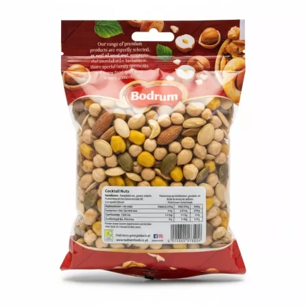 Bodrum Cocktail Nuts back packaging showing ingredients and nutritional info