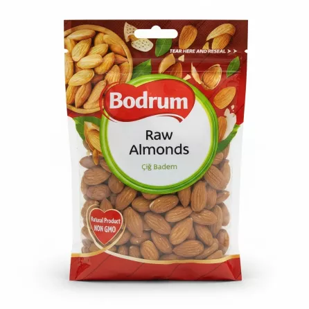 Bodrum Raw Almonds pack front showing natural almonds and resealable bag
