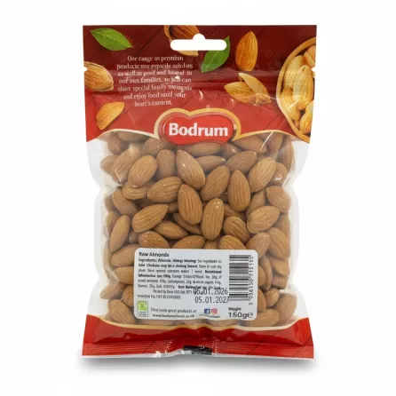 Bodrum Raw Almonds pack back showing almonds inside with label and nutritional info
