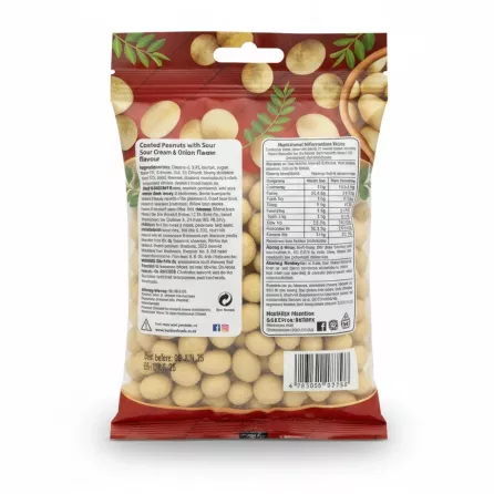 Bodrum Coated Peanuts Sour Cream & Onion packet back view with ingredients and barcode