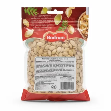 Back of Bodrum roasted and salted white melon seeds package with ingredients and nutrition labels