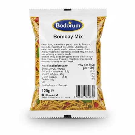 Bodrum Bombay Mix packet back view with ingredients and nutritional info
