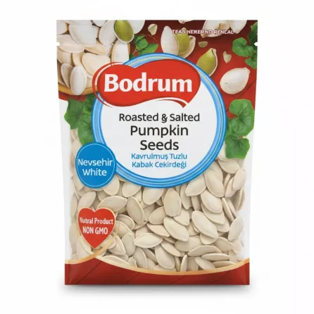 Front view of Bodrum Roasted & Salted Nevsehir White Pumpkin Seeds pack