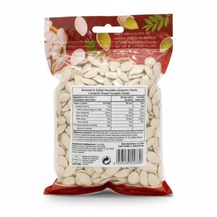 Back view of Bodrum Roasted & Salted Nevsehir White Pumpkin Seeds pack showing nutrition and ingredients