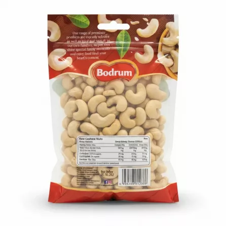 Bodrum Raw Cashew Nuts back packaging with ingredients and nutritional information