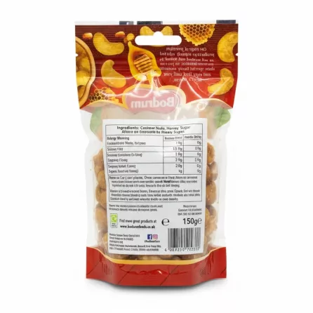 Back view of Bodrum cashew nuts with honey showing ingredients and nutritional info