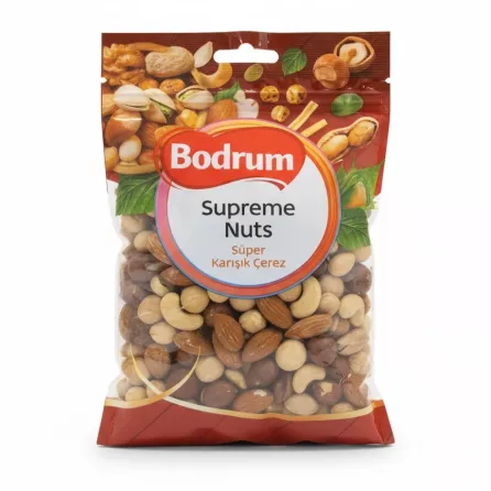 Bodrum Supreme Nuts front packaging showing mixed nuts inside clear bag