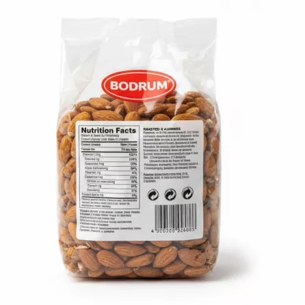 Packaged Bodrum Roasted & Salted Almonds back with nutritional info
