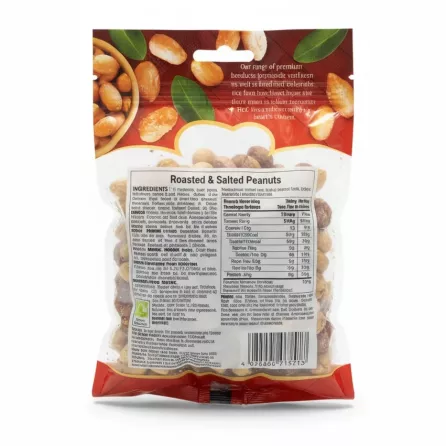 Back view of Bodrum roasted & salted peanuts showing ingredients and nutritional facts